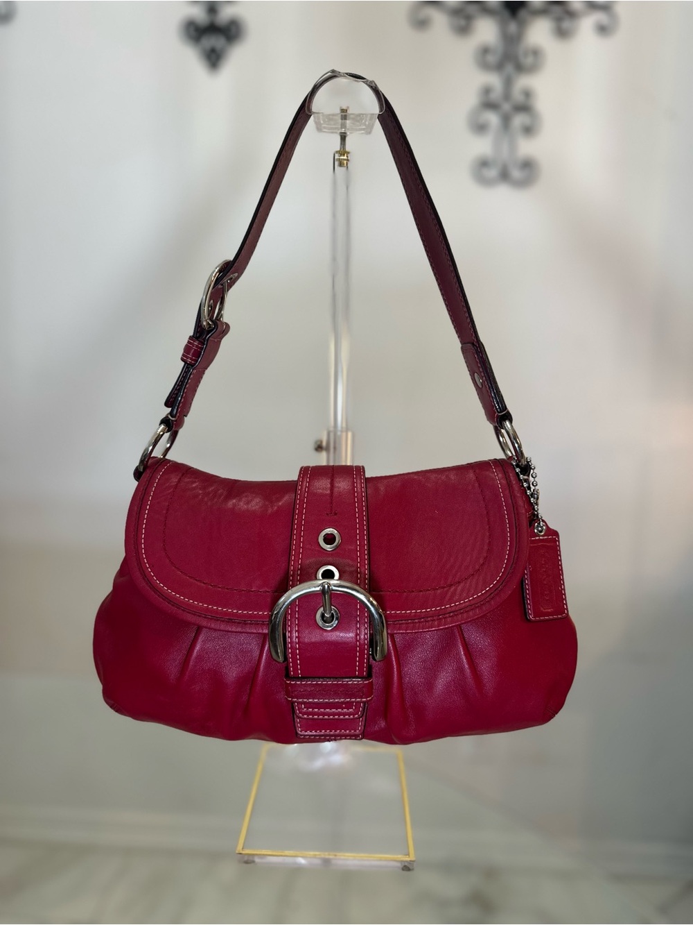 Coach Y2K red soho flap leather cherry red Large pleated shoulder bag